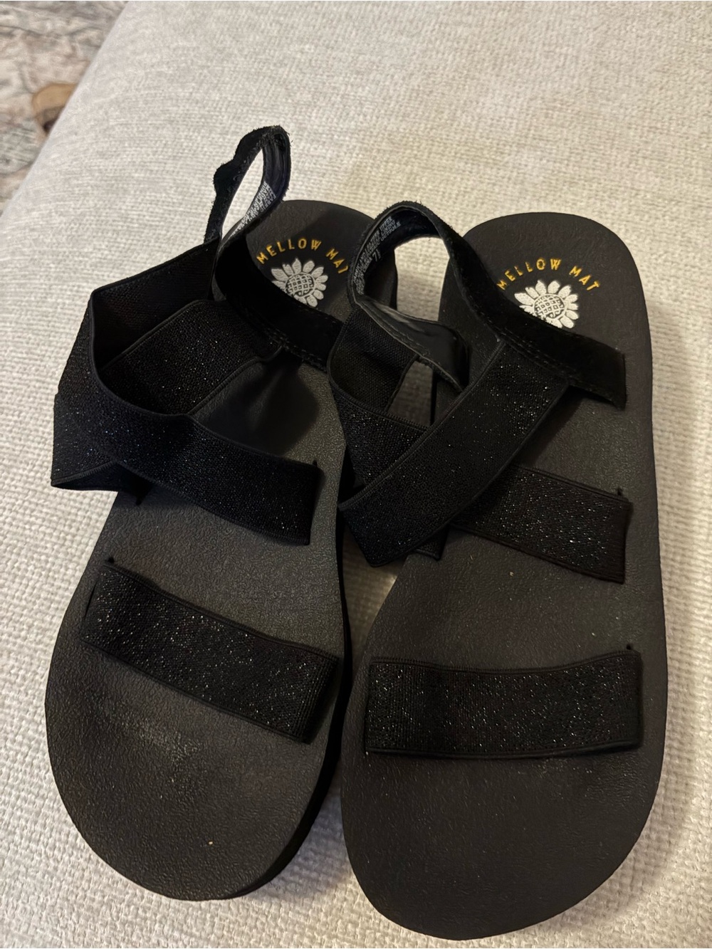 Yellow box Mellow Mat Black glitter Strappy Sandals